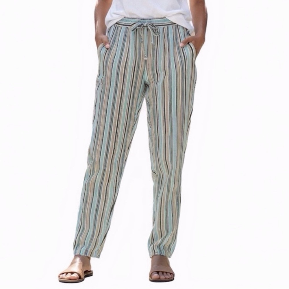 J Jill Linen Blend Pants Women Medium Striped Coastal Drawstring Pull On Relaxed